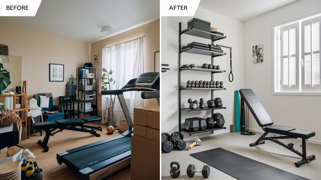 A before-and-after comparison of a small space transformed into a home gym