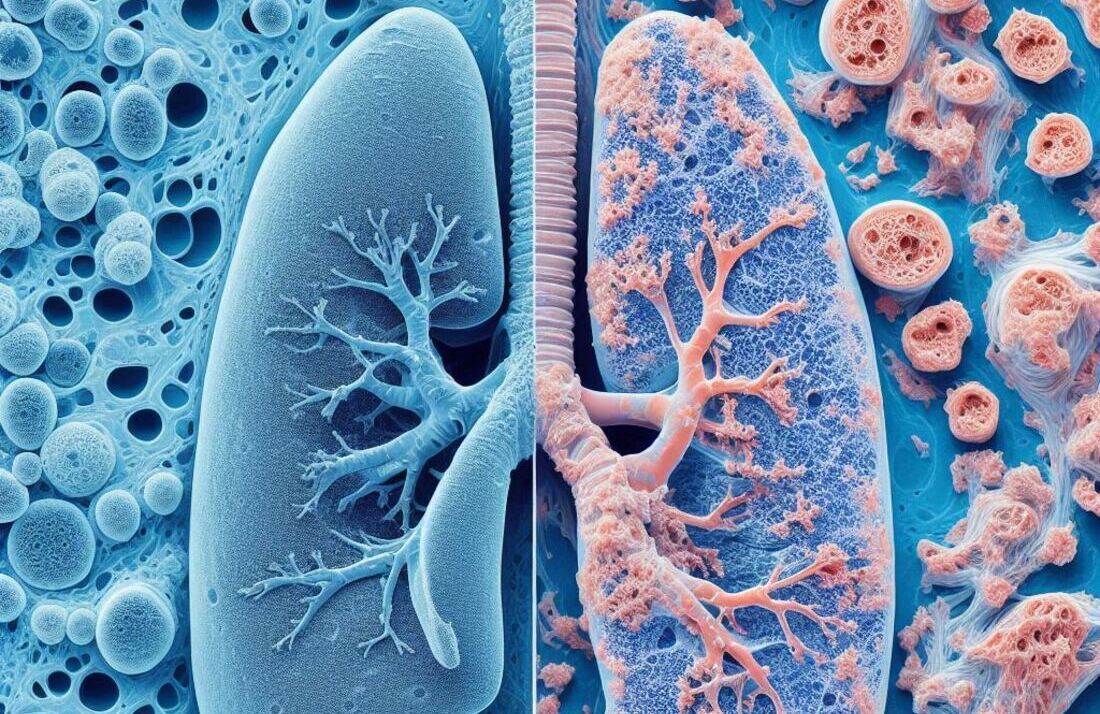 Microscopic image of healthy lung tissue vs. inflamed lung tissue