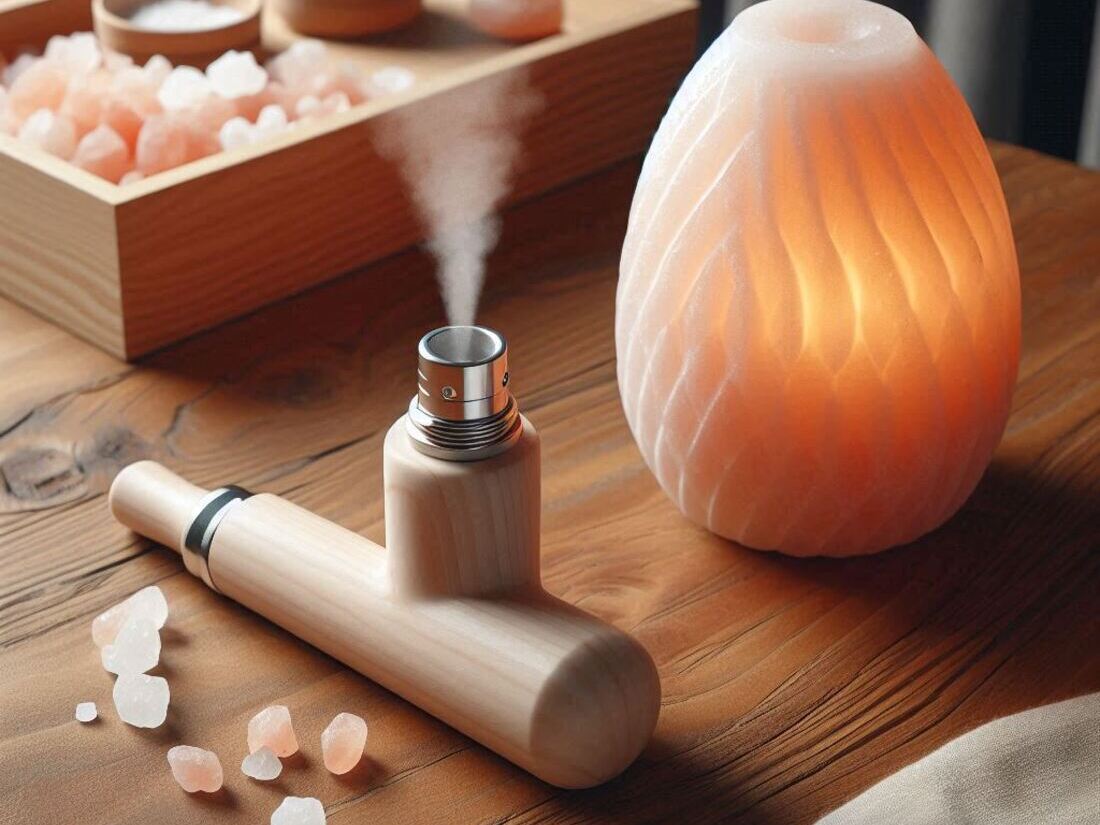 Mockup of a Himalayan salt pipe inhaler and a Himalayan salt lamp on a wooden table