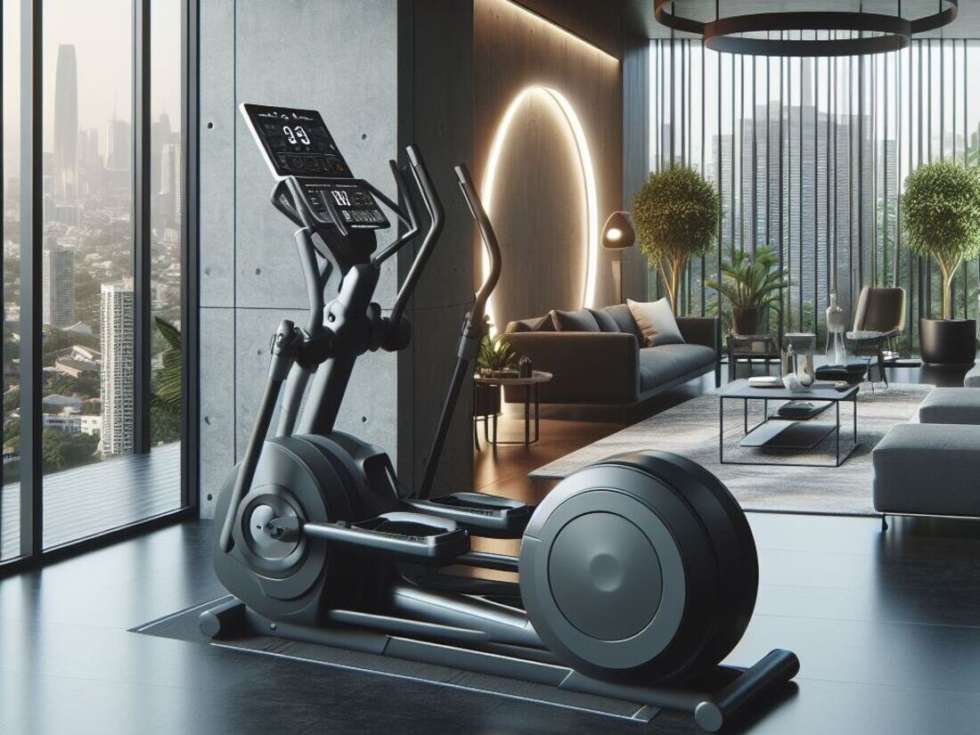 Modern home gym featuring an elliptical trainer in use