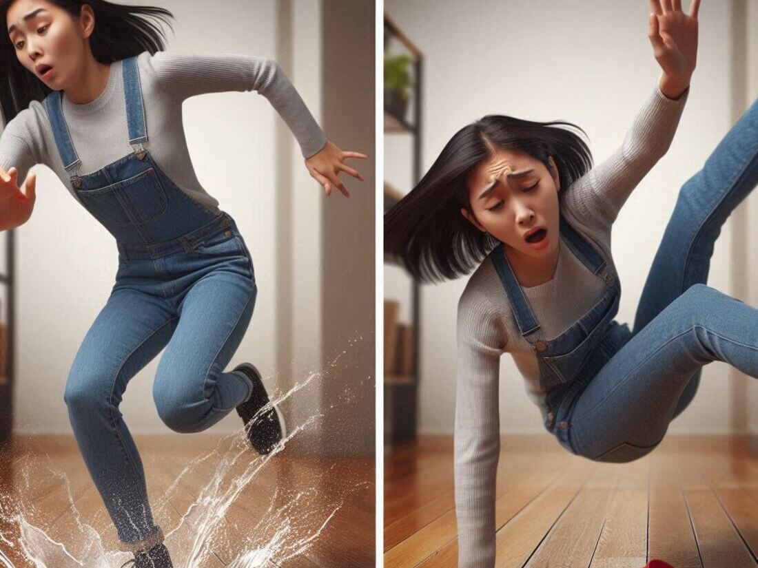 One side showing a person reacting quickly to avoid a spill, the other side showing someone tripping and falling