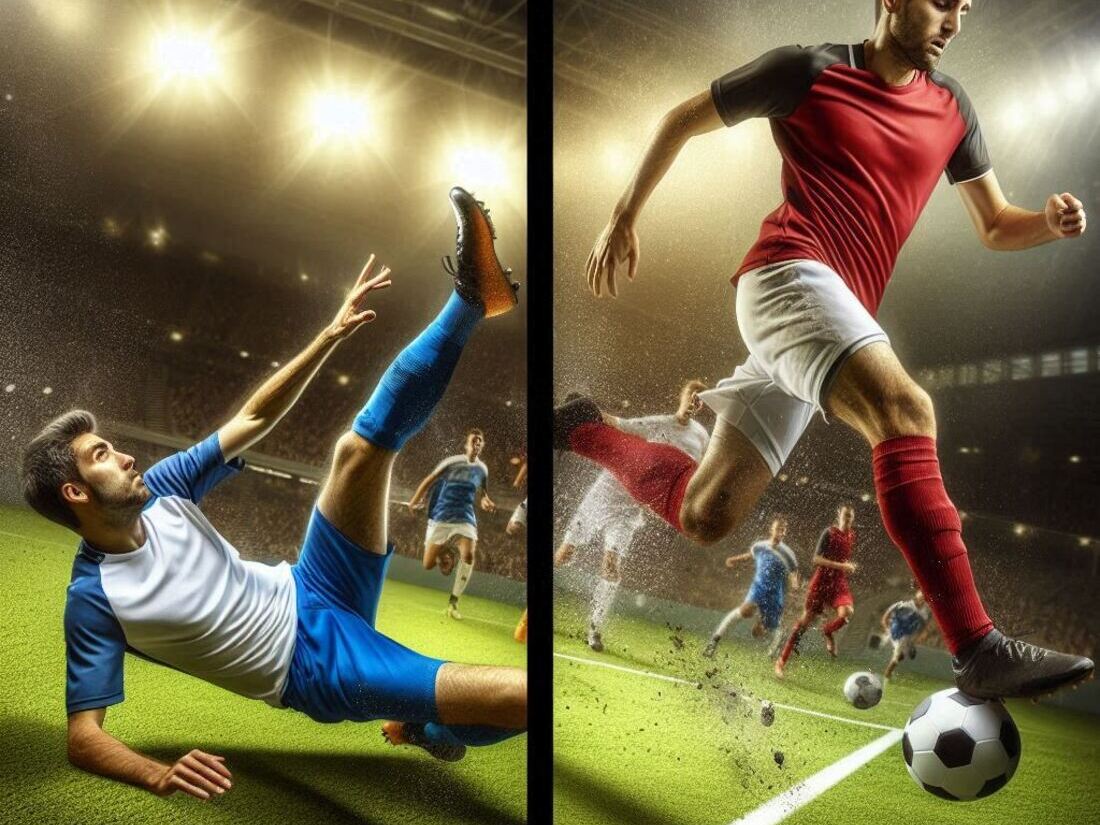 One side showing an athlete tripping and falling, the other side showing the same athlete reacting quickly to avoid an obstacle in a soccer game