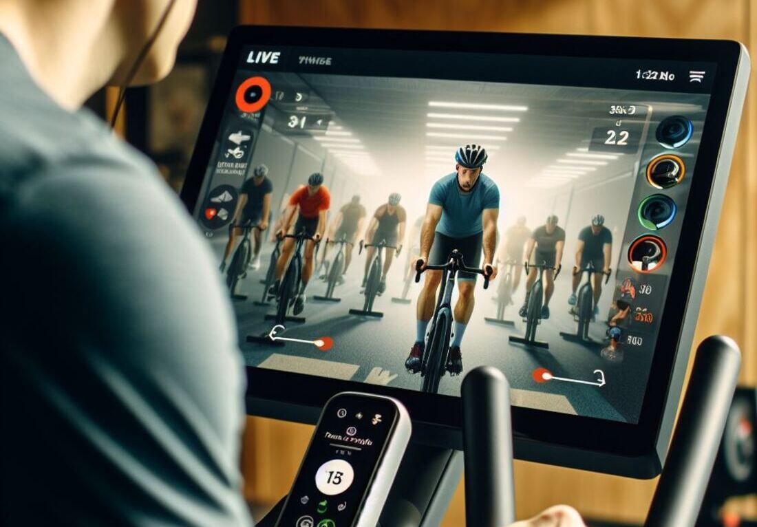 Participating in a live cycling class displayed on the stationary bike touchscreen with an instructor