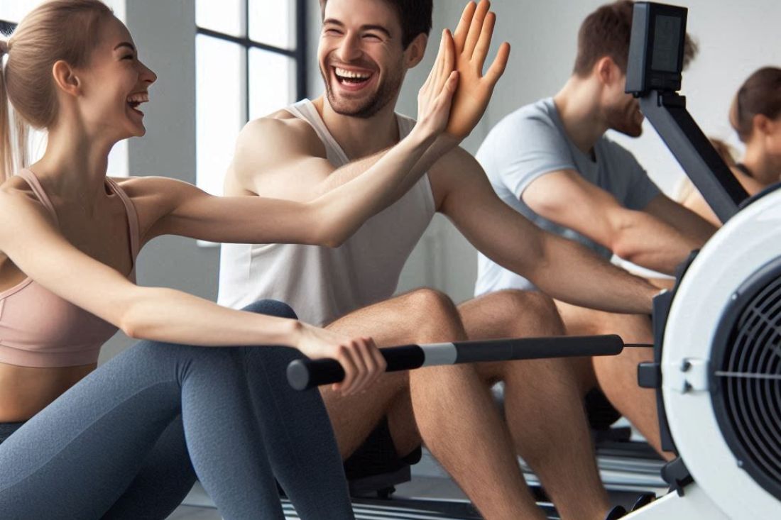 People laughing and high-fiving while rowing side-by-side on rowing machines