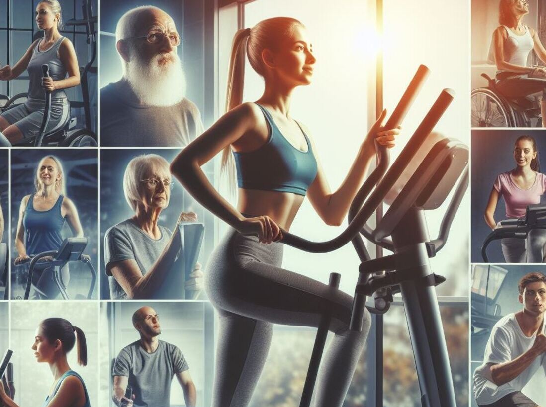 People of various ages and fitness levels using elliptical trainers emphasizing the inclusivity of elliptical workouts for recovery