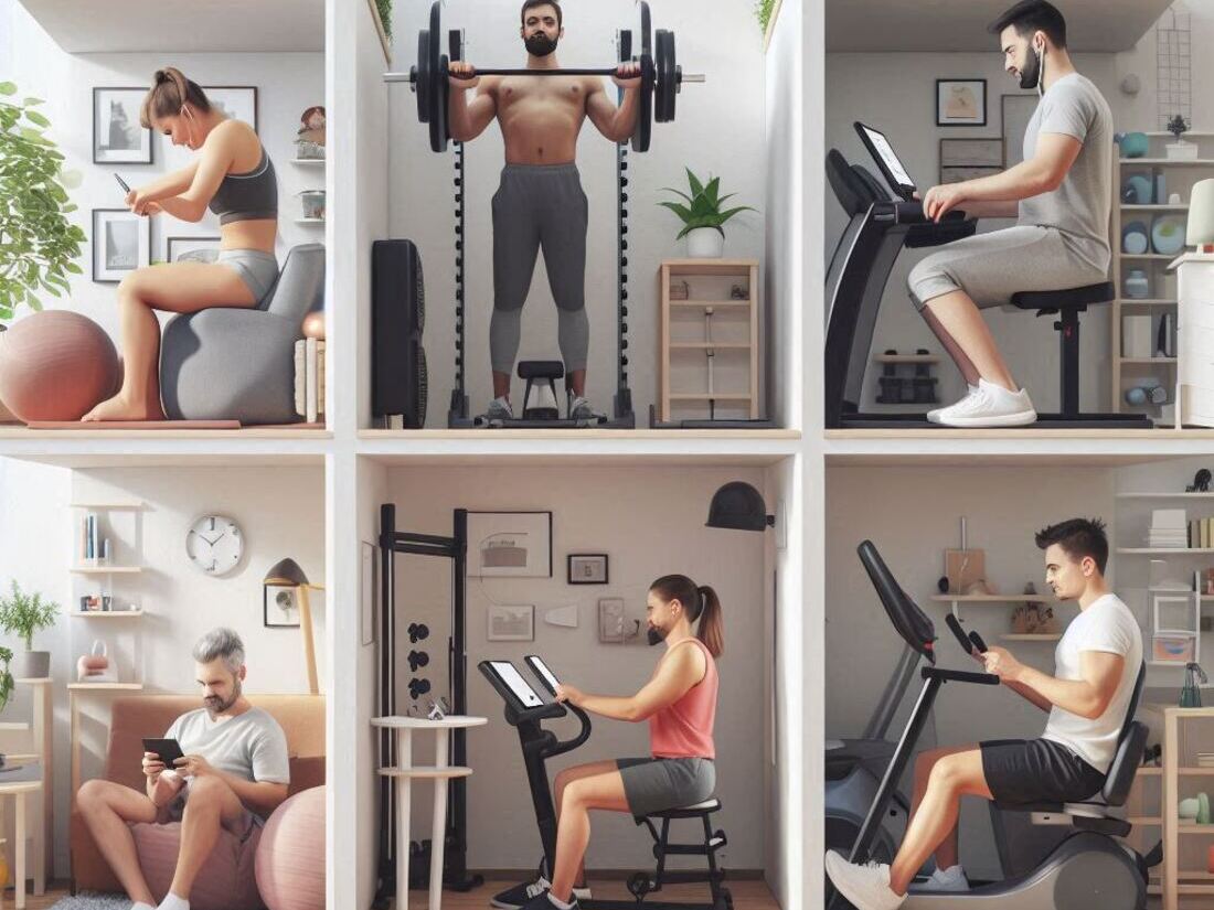 People using various compact home gym equipment in their small apartments