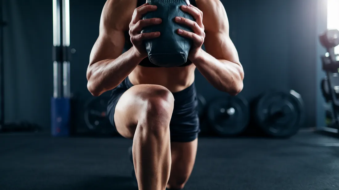 Runner performing a sandbag reverse lunge, with correct knee and back alignment