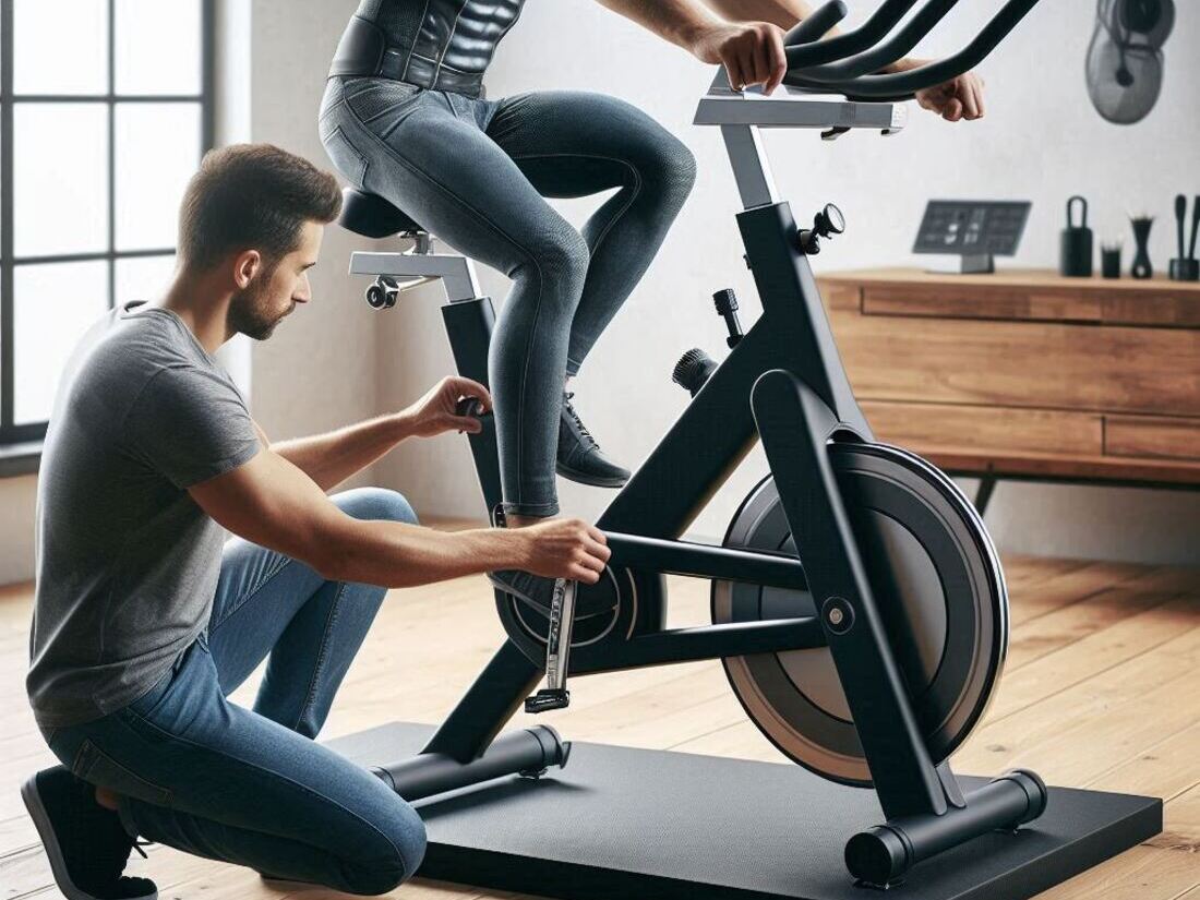 Person adjusting the seat height on a spin bike