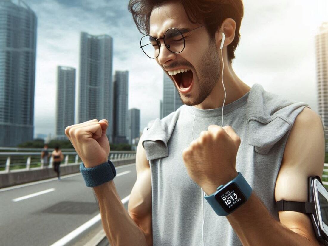 Person celebrating a personal best running time while looking at their advanced activity tracker