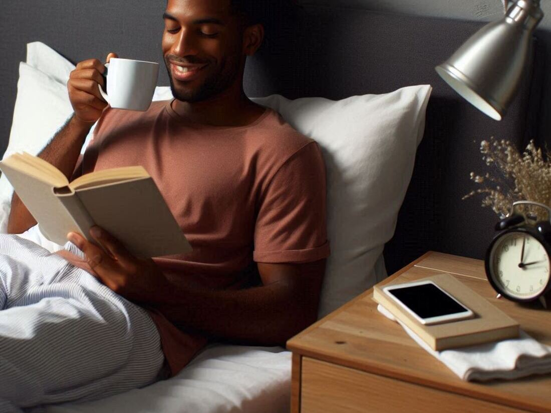 Person creating a relaxing bedtime routine, sitting in bed with a book and a cup of tea, with their phone on nightstand turned off