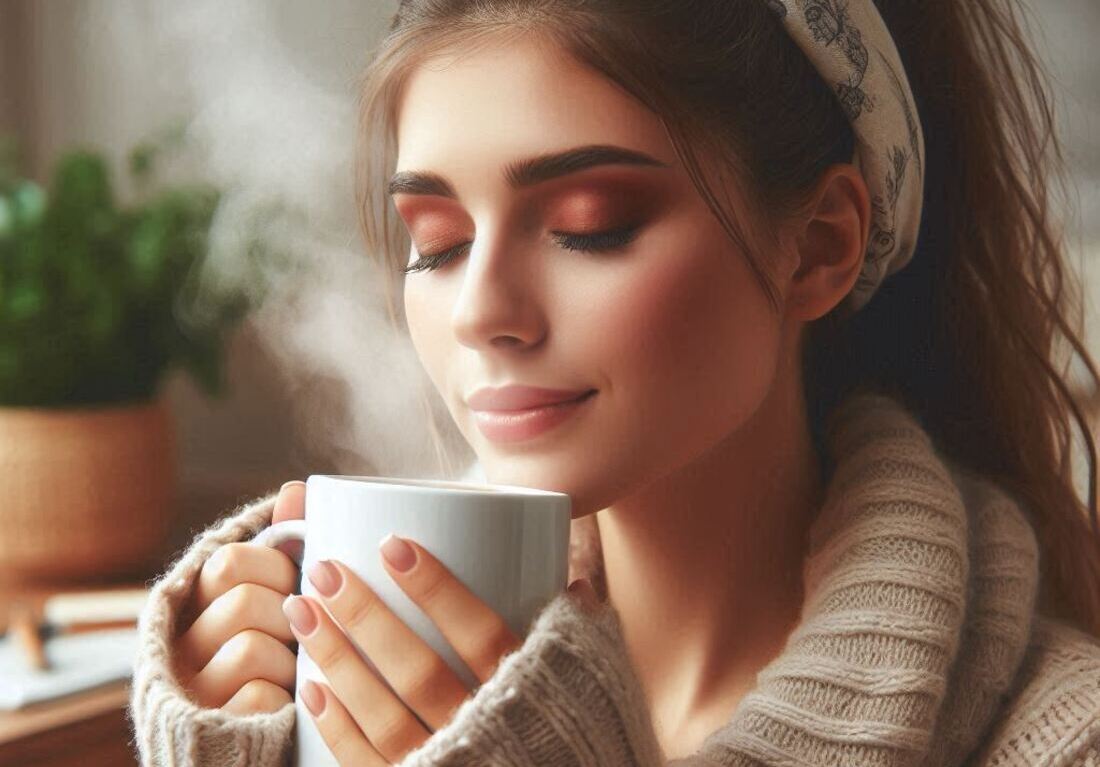 Person holding a mug filled with hot tea, inhaling the steam with eyes closed, dressed in cozy clothes represents comfort and relief