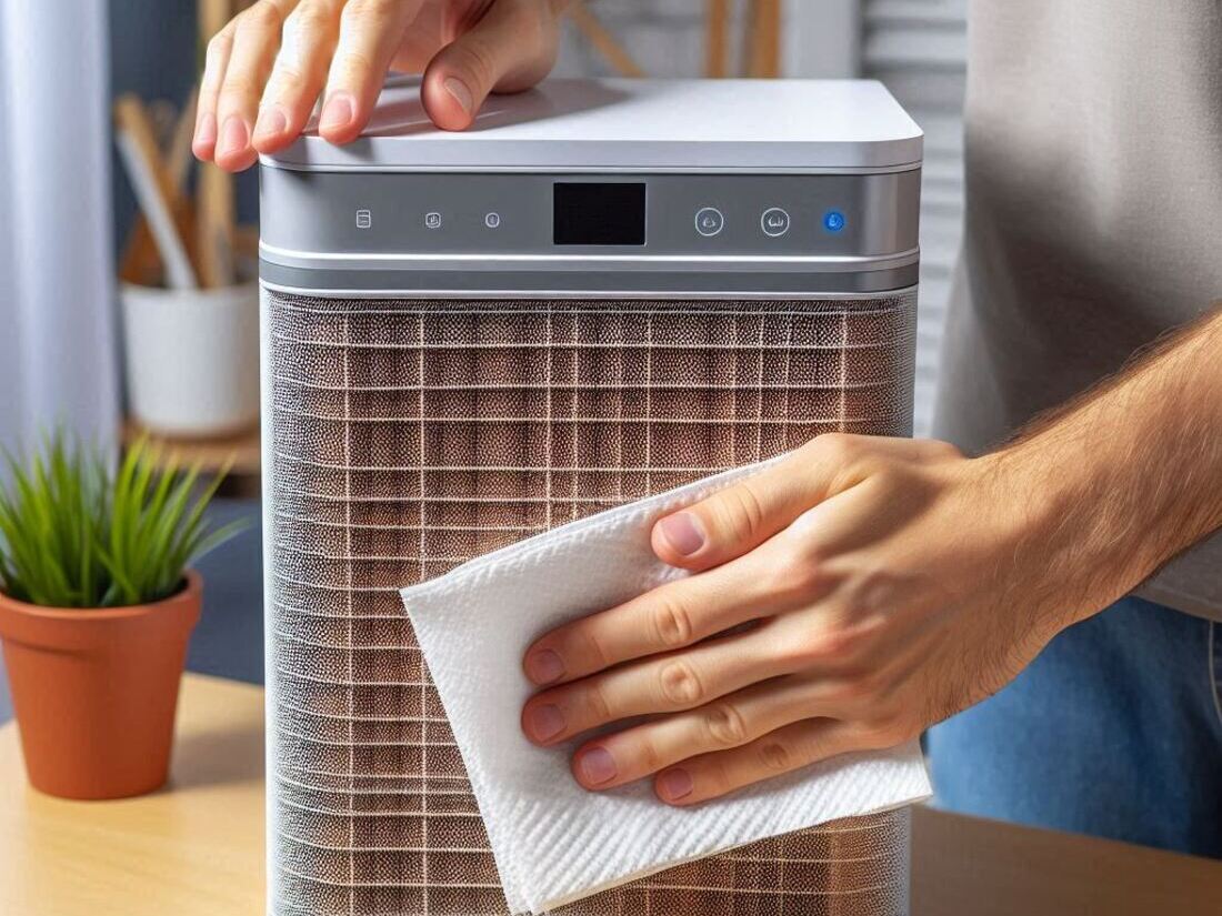 Person holding wiping down an air purifier with a damp cloth demonstrating air purifier maintenance