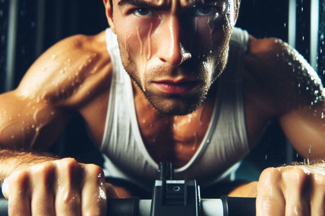 Person intensely rowing on a rowing machine, sweat visible on their face, but a determined expression