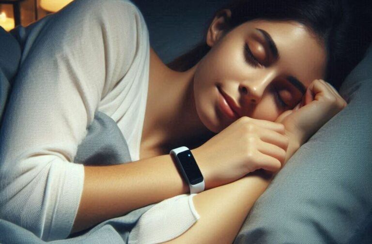 Person peacefully sleeping soundly in bed with an activity tracker on their wrist