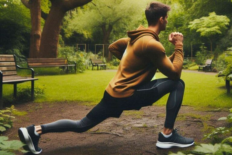 Person performing a dynamic stretch exercise in a park setting, surrounded by trees and greenery