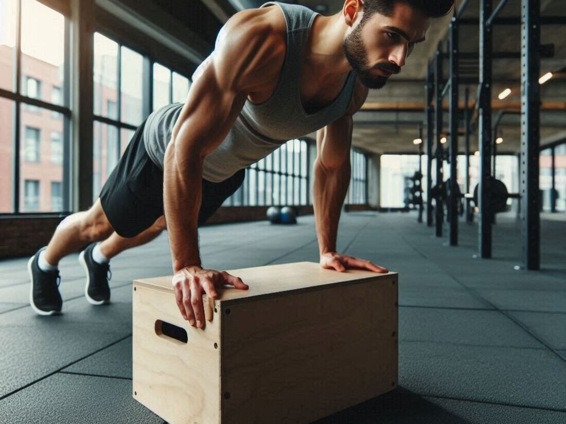 Person performing a plyometric box push-up exercise with proper form during a reflexive training session