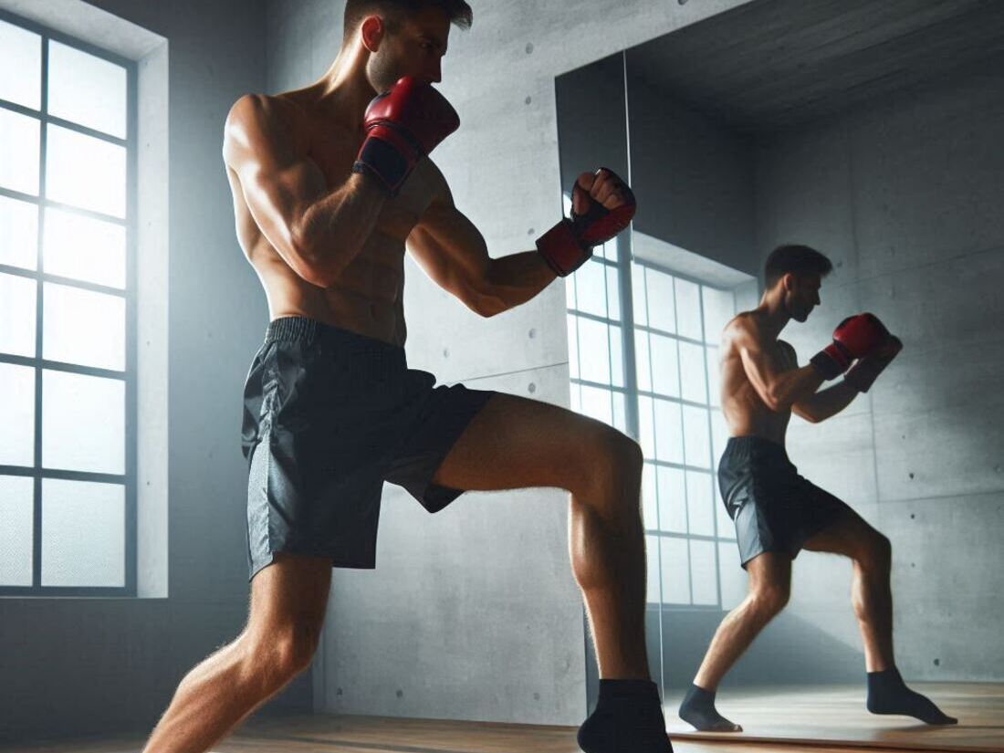 Person performing shadowboxing with footwork drills during a reflexive training session