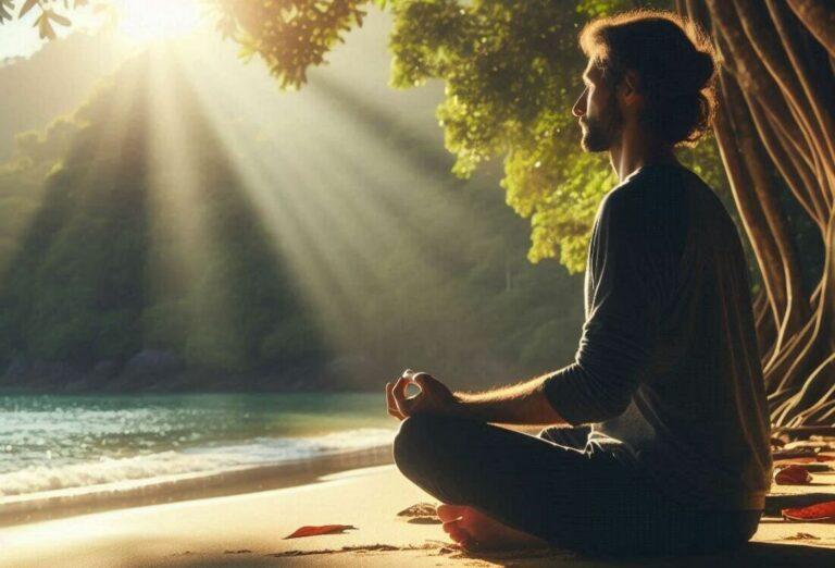 Person practicing deep breathing exercises in a serene outdoor location, with sunlight filtering through the trees