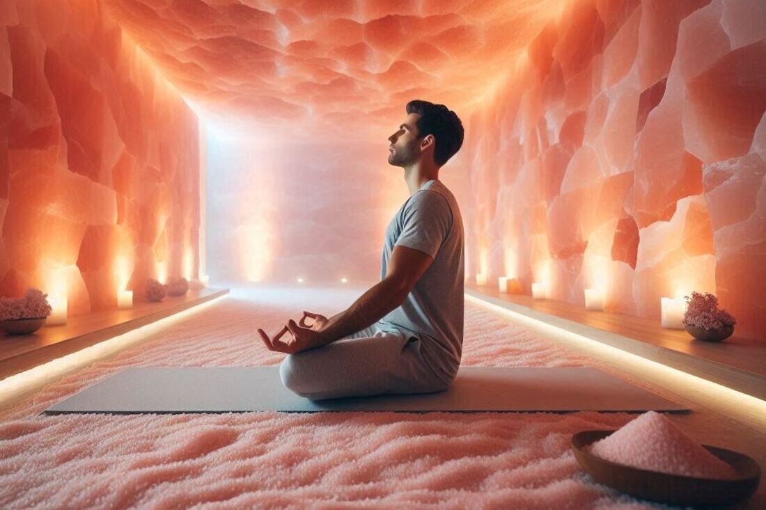 Person practicing deep breathing exercises in a serene salt therapy room, with pink Himalayan salt walls and soft lighting