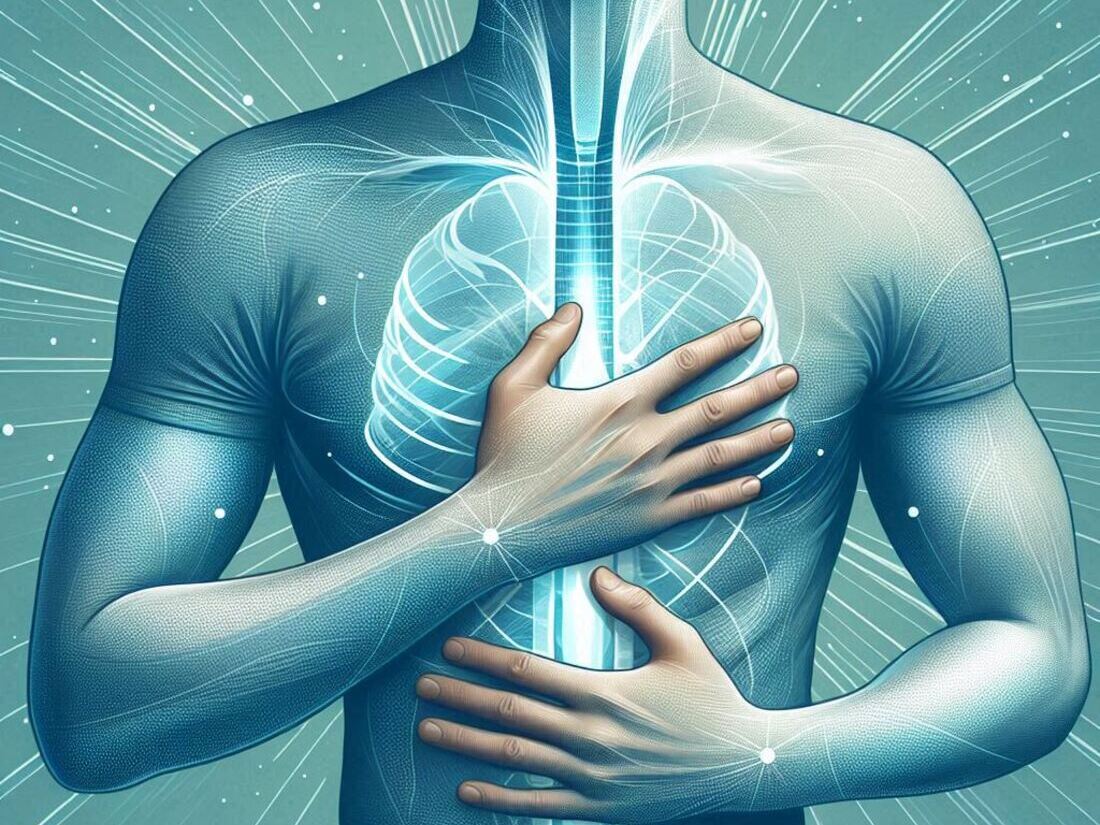 Person practicing diaphragmatic breathing by having one hand on chest and the other on belly