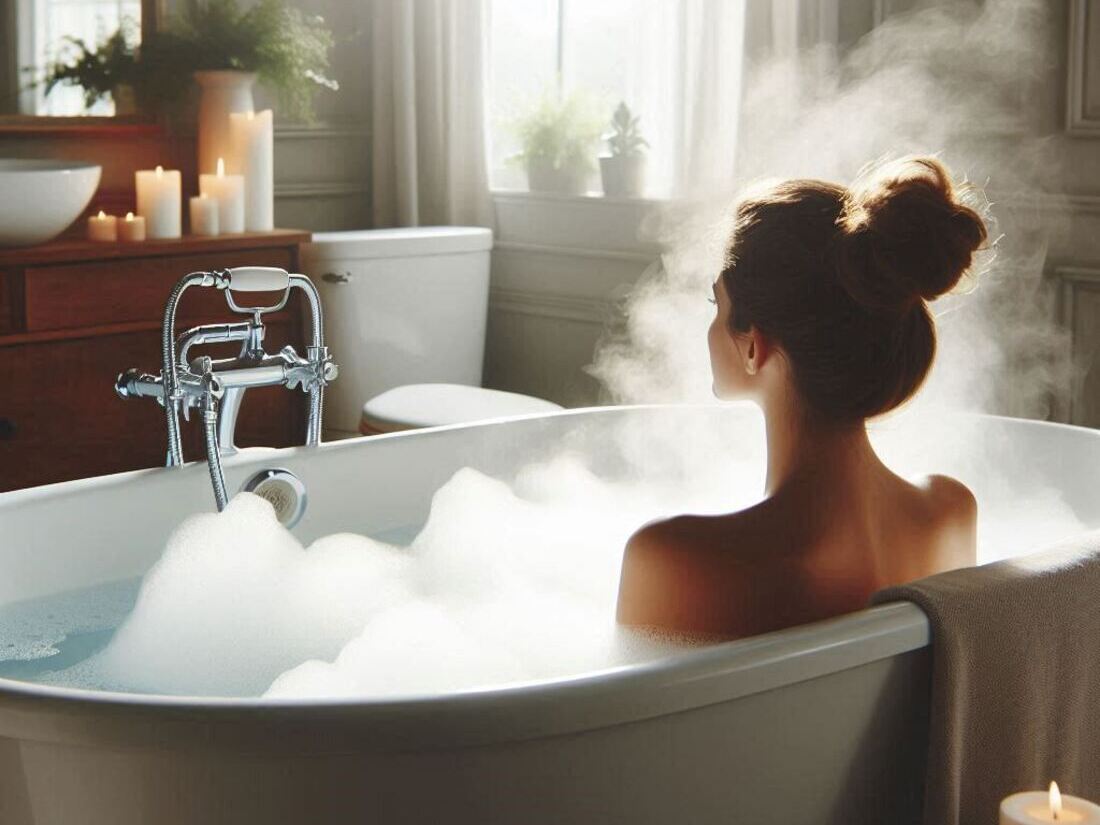 Person relaxing in a bathtub filled with steam, with a calming bathroom environment