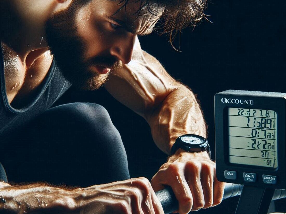 Person rowing intensely with a timer visible