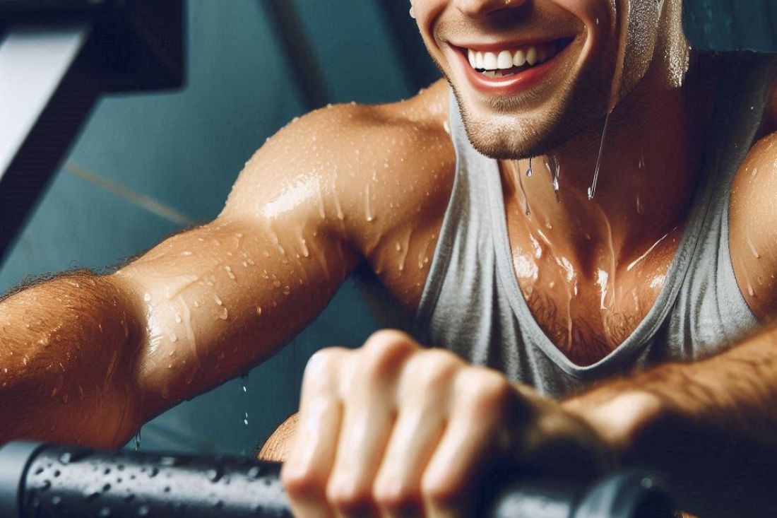 Person rowing on a machine, sweat on their forehead, but smiling and looking determined