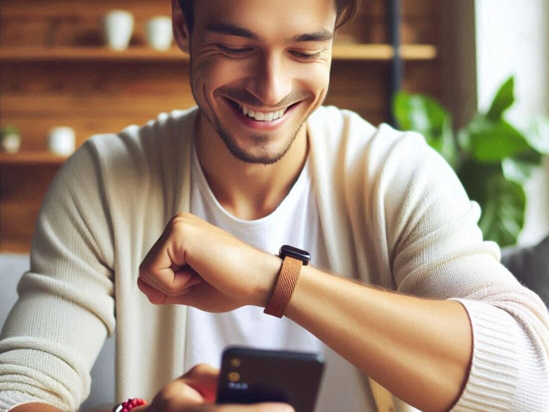 Person smiling and looking motivated while checking their progress on a stylish budget-friendly activity tracker