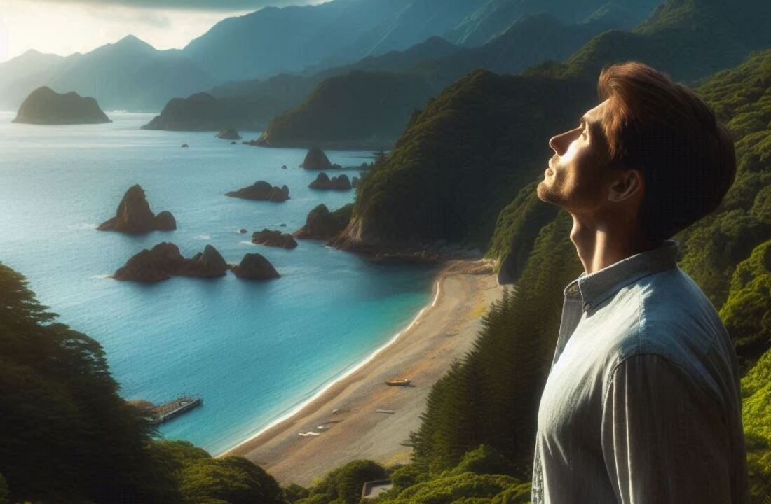 Person taking a deep breath in a scenic outdoor location