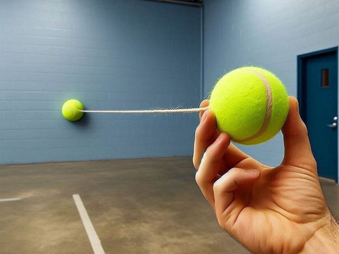 Person throwing a double-ended tennis ball against a wall