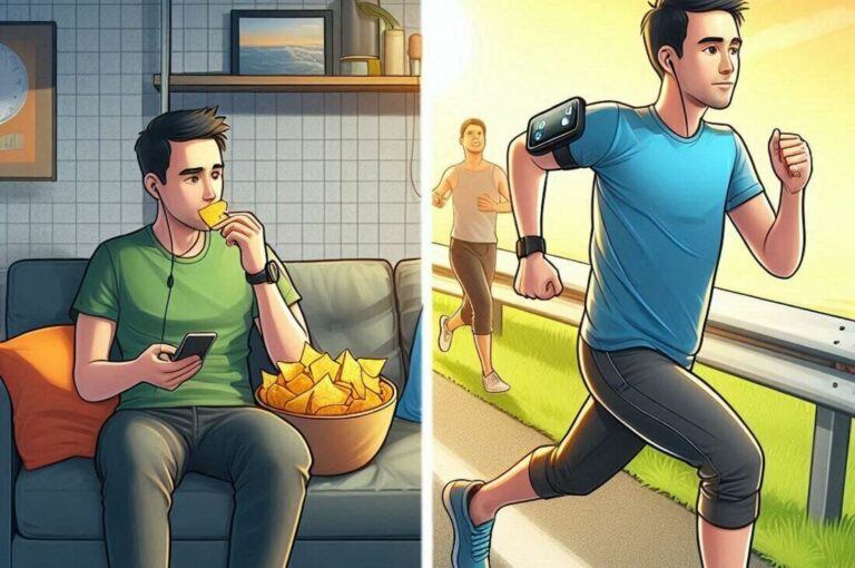 Person transforming from couch potato to runner