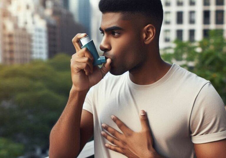 Person using a handheld inhaler outdoors getting fresh air