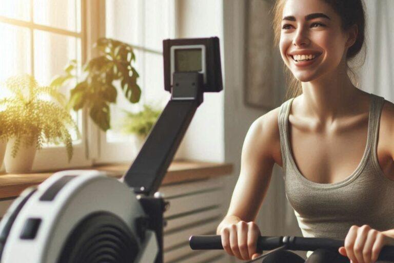 Person using a rowing machine with a happy expression, highlighting a low-impact workout