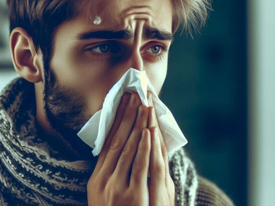 Person using a tissue to blow their nose, looking slightly unwell