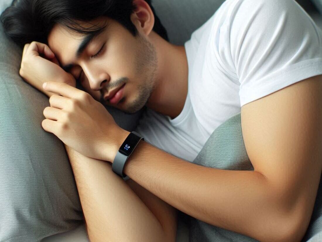 Person wearing a comfortable activity tracker on their wrist while sleeping in bed