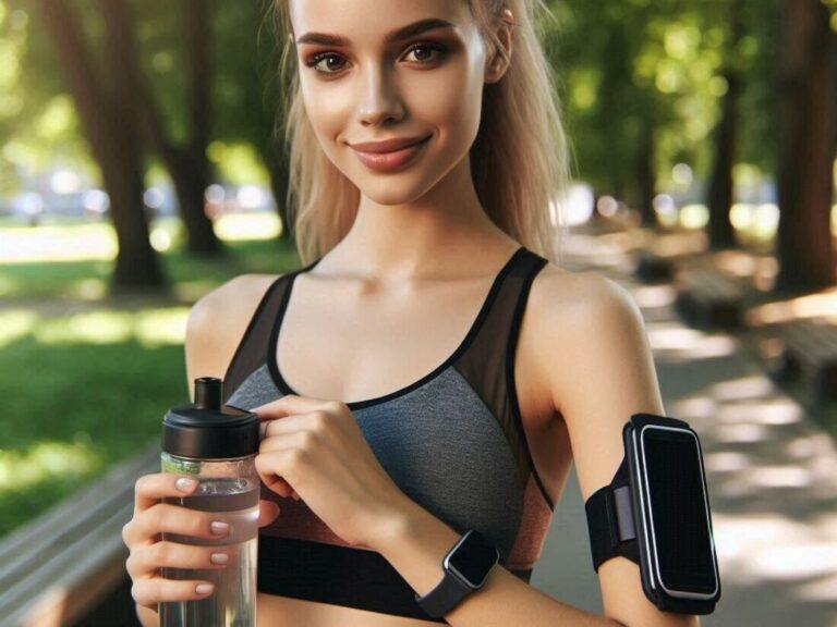 Person wearing a fitness tracker and workout clothes, looking determined and holding a water bottle in a park