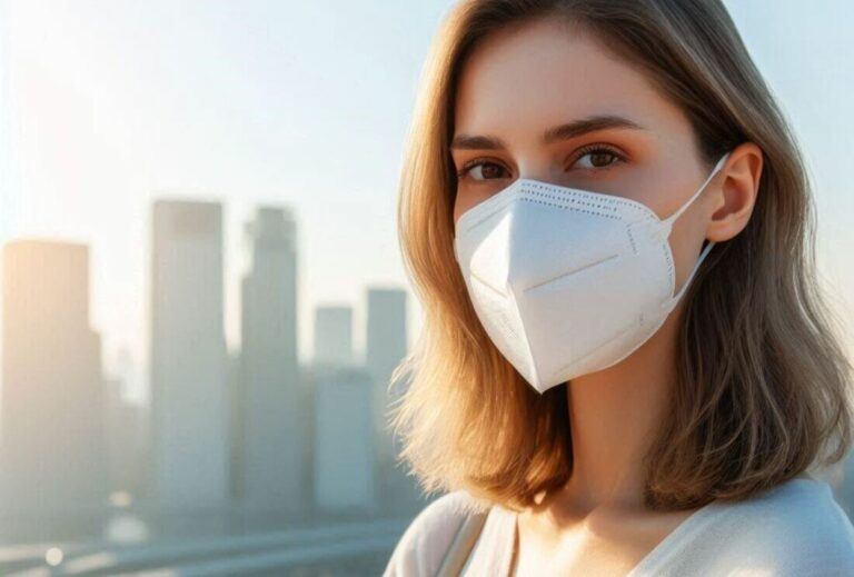 Person wearing a mask outdoors in a city with a clear blue sky