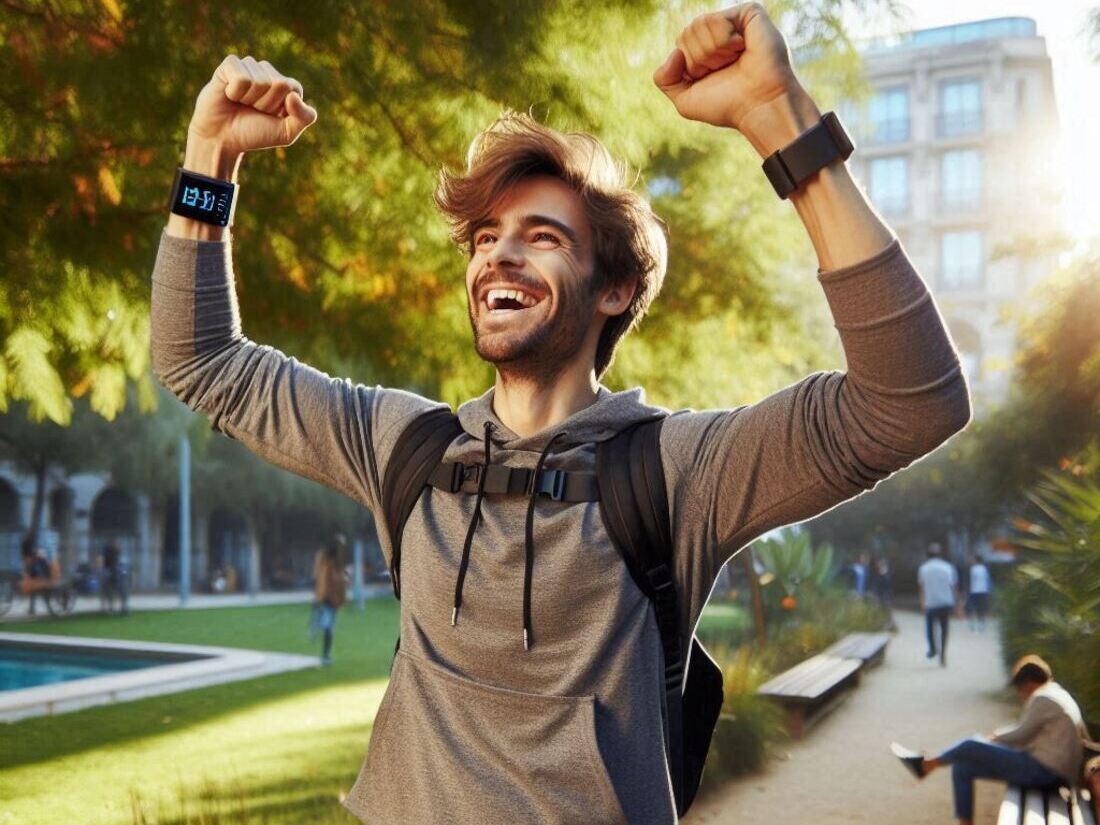 Person wearing a stylish activity tracker and celebrating by raising their arms in a park