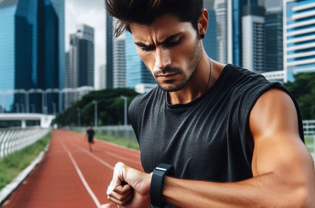 Person wearing an advanced activity tracker, looking determined during a challenging workout