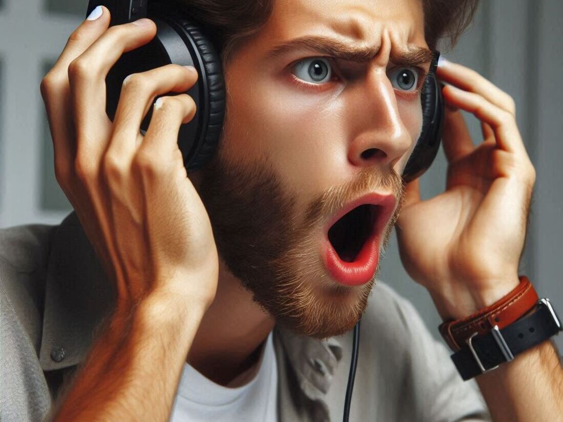 Person wearing headphones with a focused expression, reacting to a sound