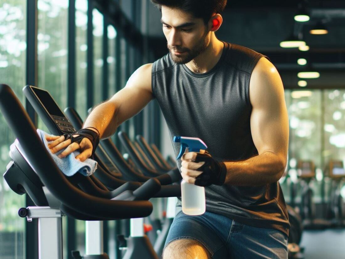 Person wiping down a spin bike after a workout