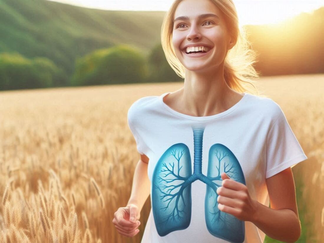 Person with healthy lungs running freely in a field with joy and breathing fresh air