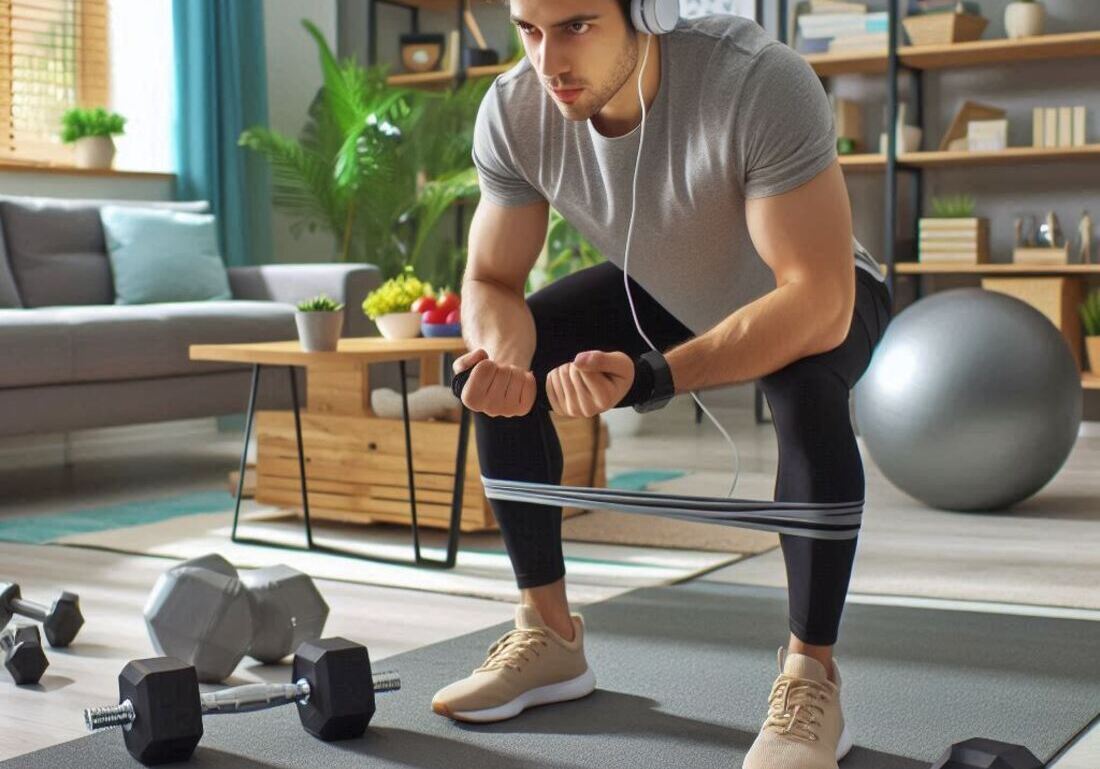 Person working out in a home gym with dumbbells and a resistance band