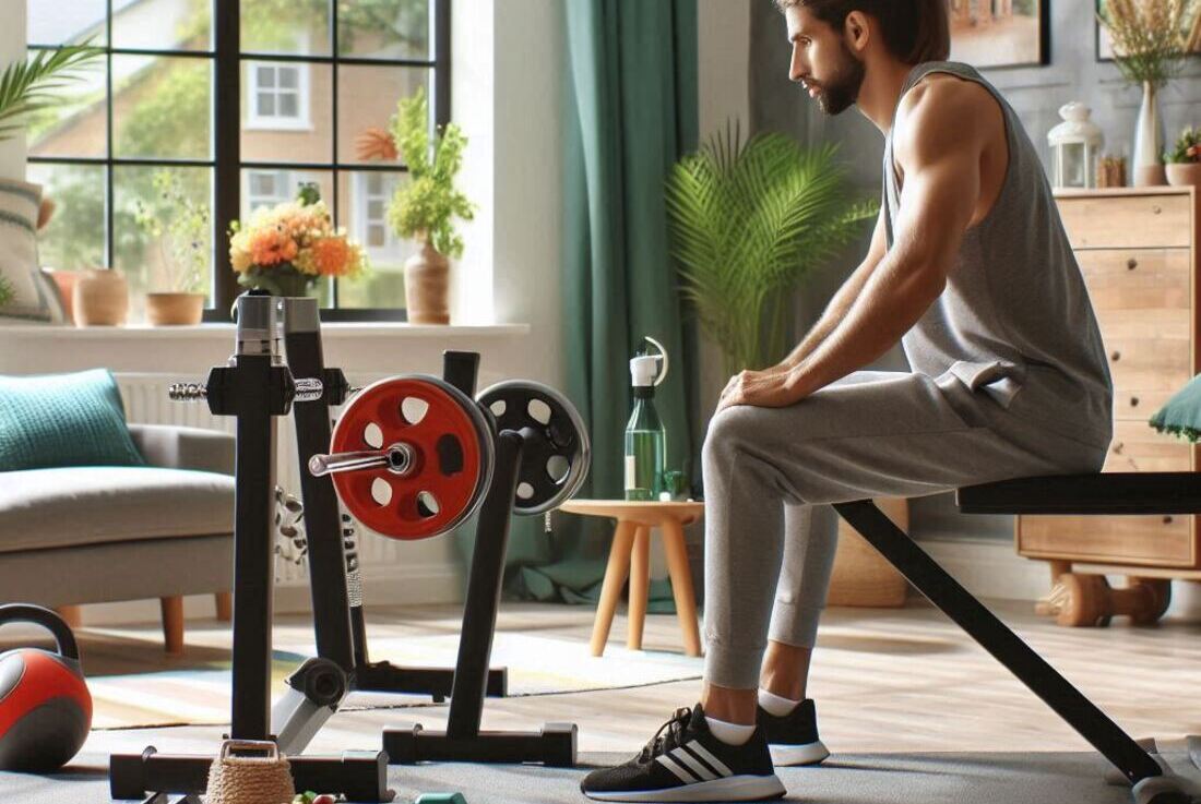 Person working out in a stylishly decorated living room with exercise equipment