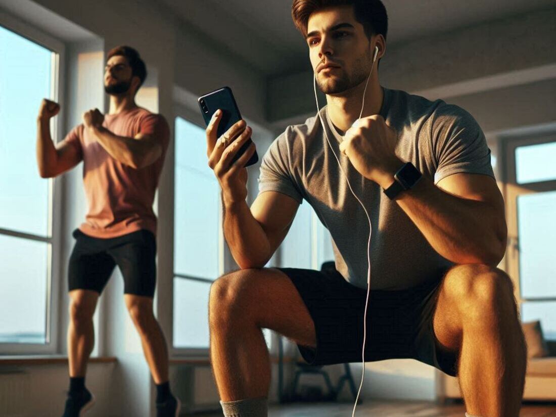 Persons doing exercises with phone in hand