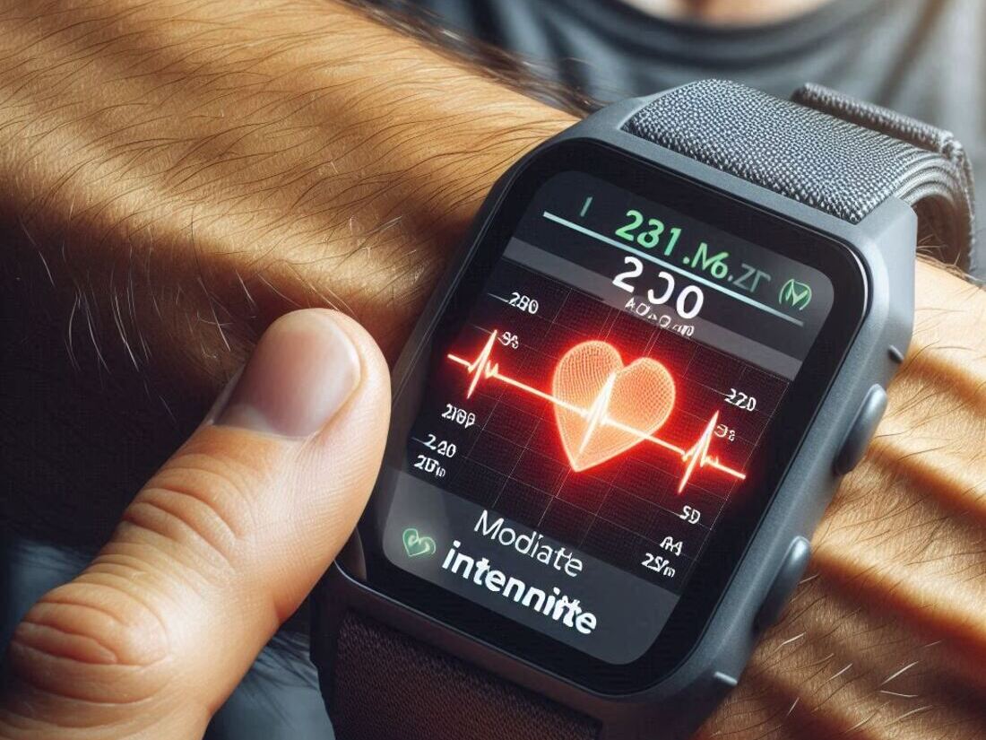 Person's hand holding a heart rate monitor displaying a zone indicating moderate intensity