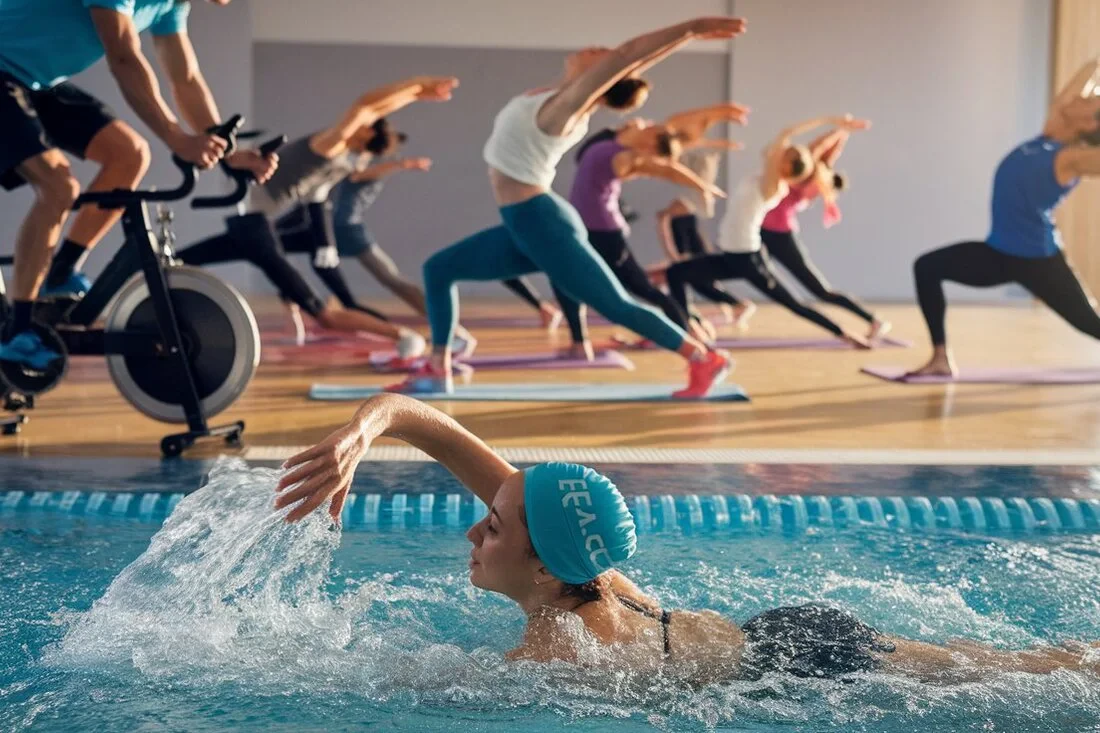 Photos of low-intensity exercises such as swimming, cycling, or yoga, ideally showing athletes performing these activities