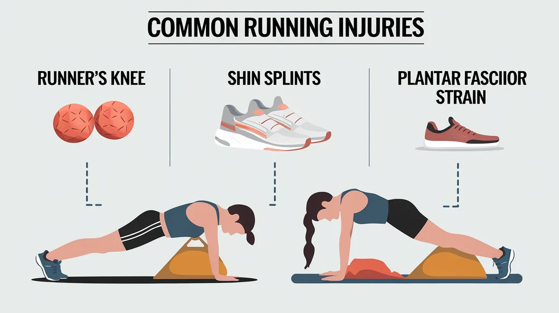 Graphic showing common running injuries and how sandbag training helps to prevent them