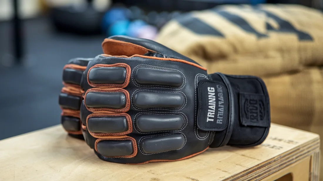 A pair of sandbag training gloves with features like reinforced stitching and padded palms