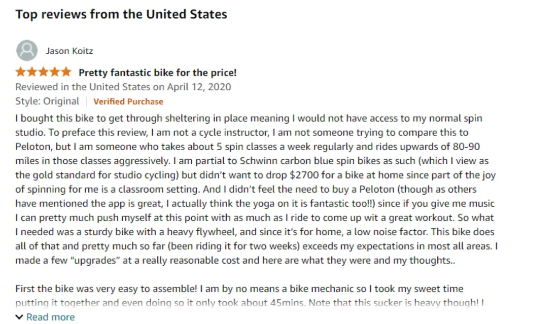 Positive customer review of Sunny Health & Fitness bike